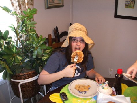Eat breakfast! Enjoying pancakes during a Meg & Kt adventure to JoJo's South Carolina beach house, 2010