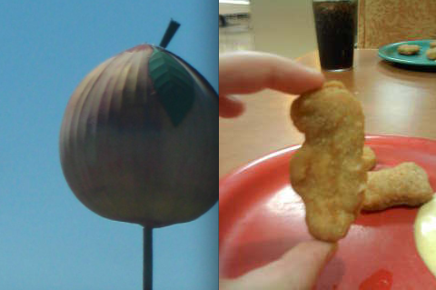 Left: Eat your fruit! Giant peach spotted during Meg & Kt roadtrip in GeorgiaRight: